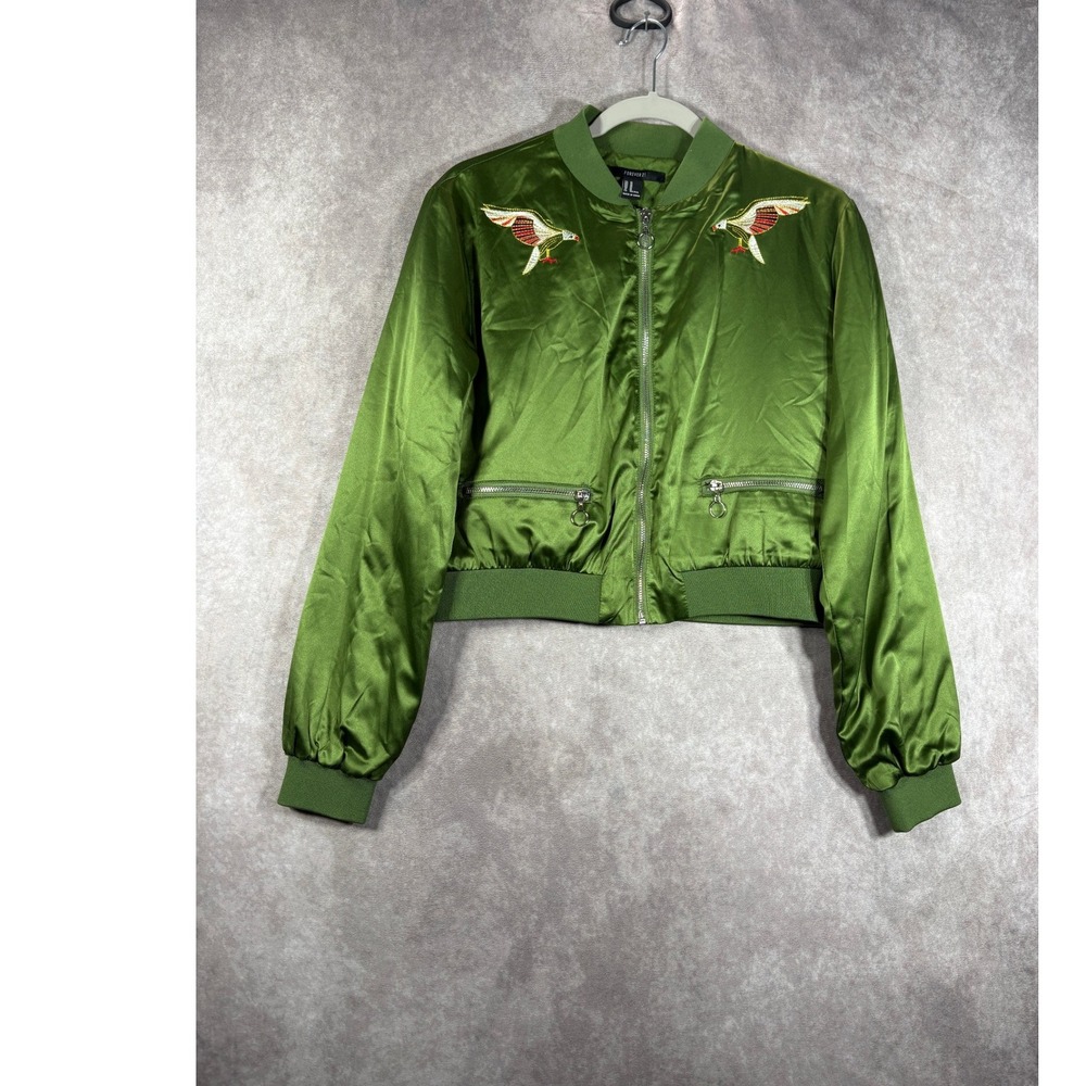 Forever 21 Bomber Jacket Women Medium Green Join A Girl Gang Embroidered Satin
